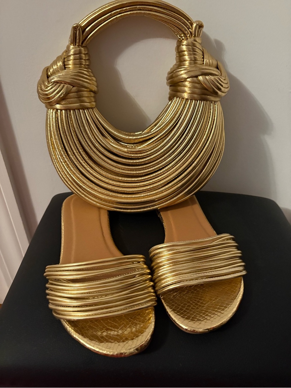Gold Metallic Slide Sandals for Women with Gold rope purse